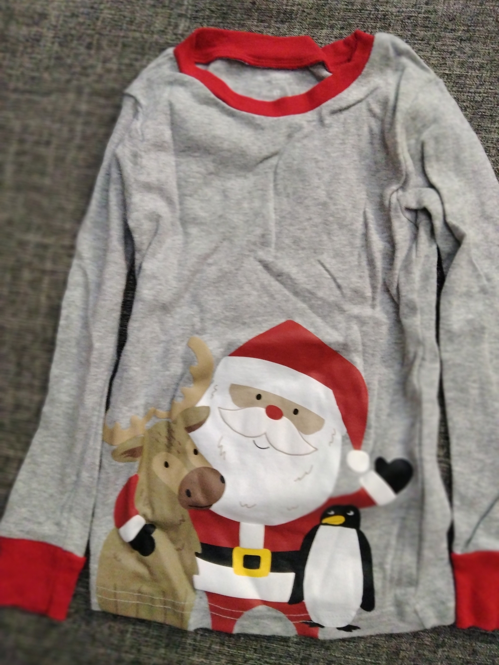 Simple Gray & Red Kids Santa, Reindeer & Penguin Long Sleeve Top